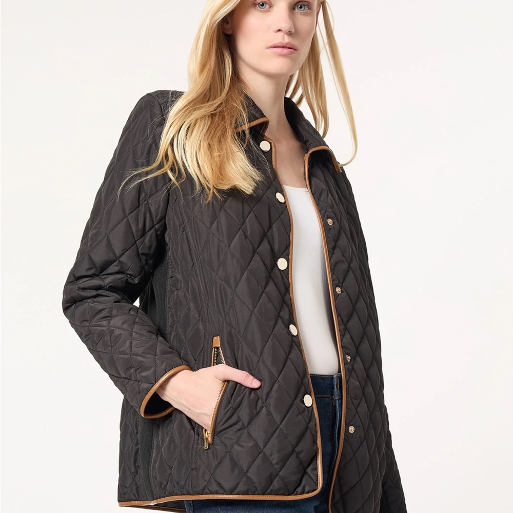 Jones New York Petite Five-Button Quilted Jacket 
Black/Caramel / PL
